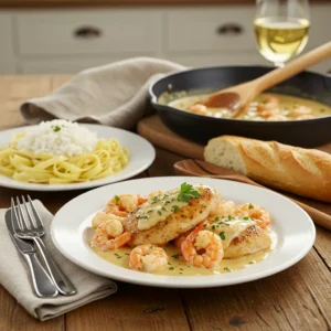 Plated chicken and shrimp recipe with creamy sauce, served with pasta, rice, and bread on a rustic dining table.