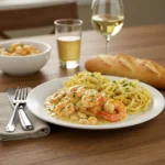 Plated chicken and shrimp recipe with creamy sauce, garnished with parsley, served with pasta and bread on a rustic dining table.