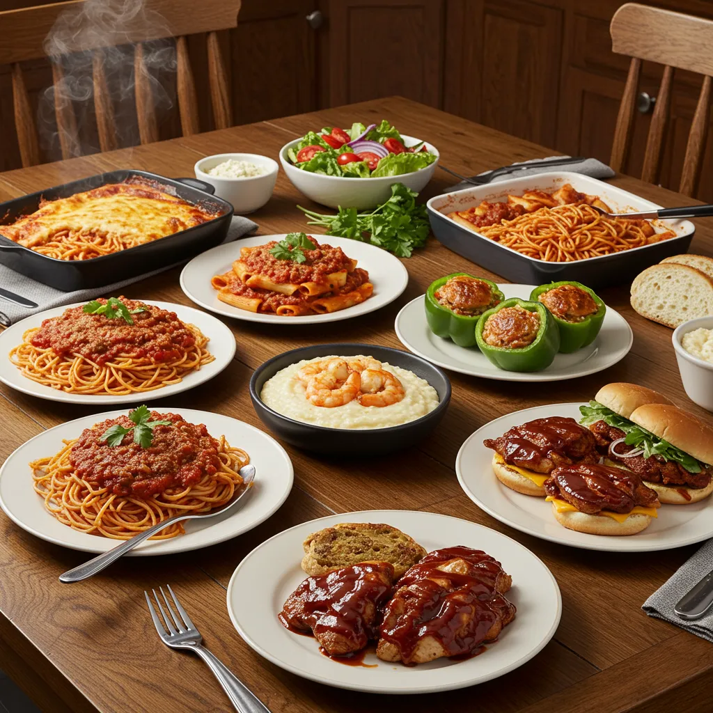 A cozy dinner table with 10 simple and easy homemade meals, including spaghetti, baked ziti, and shrimp and grits, served fresh and inviting.
