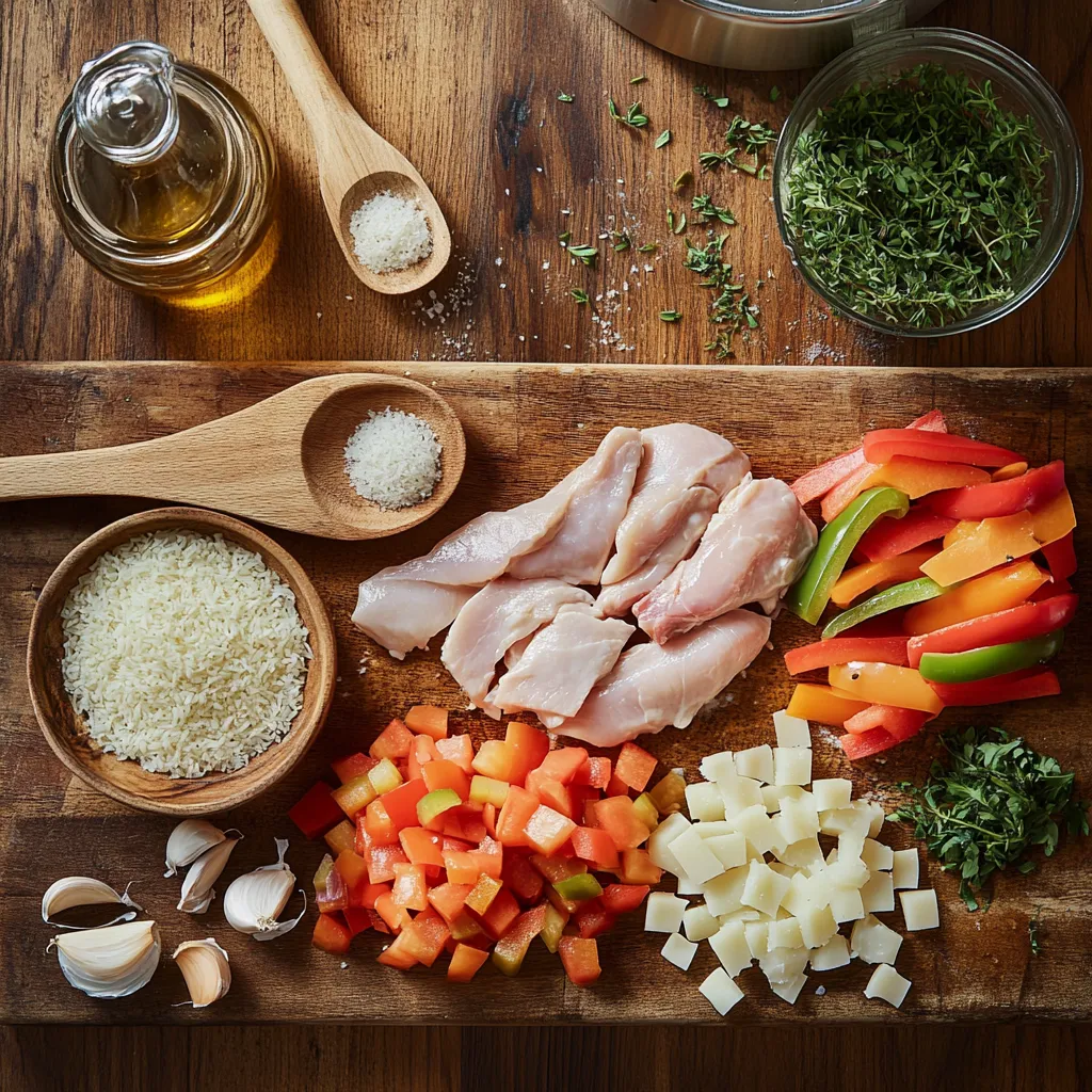 A top-down view of fresh ingredients for a one-pot meal on a wooden countertop.