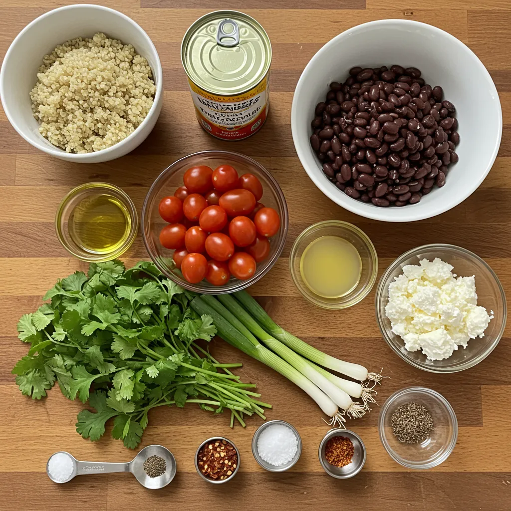 Fresh ingredients for a quinoa salad bowl, including quinoa, cherry tomatoes, black beans, cilantro, and lime, neatly arranged on a wooden surface.