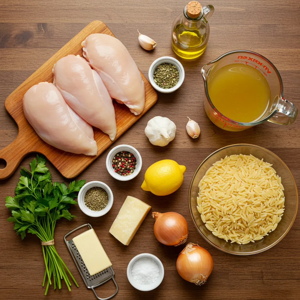 Fresh ingredients for Chicken Risoni One Pan Recipe, including chicken, risoni pasta, Parmesan, herbs, and seasonings on a rustic kitchen counter.