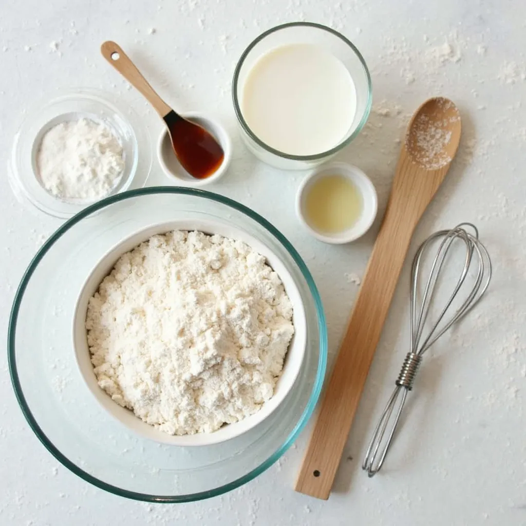 Ingredients for fluffy pancakes without eggs or dairy, including flour, oat milk, baking powder, and vanilla, arranged on a kitchen counter.