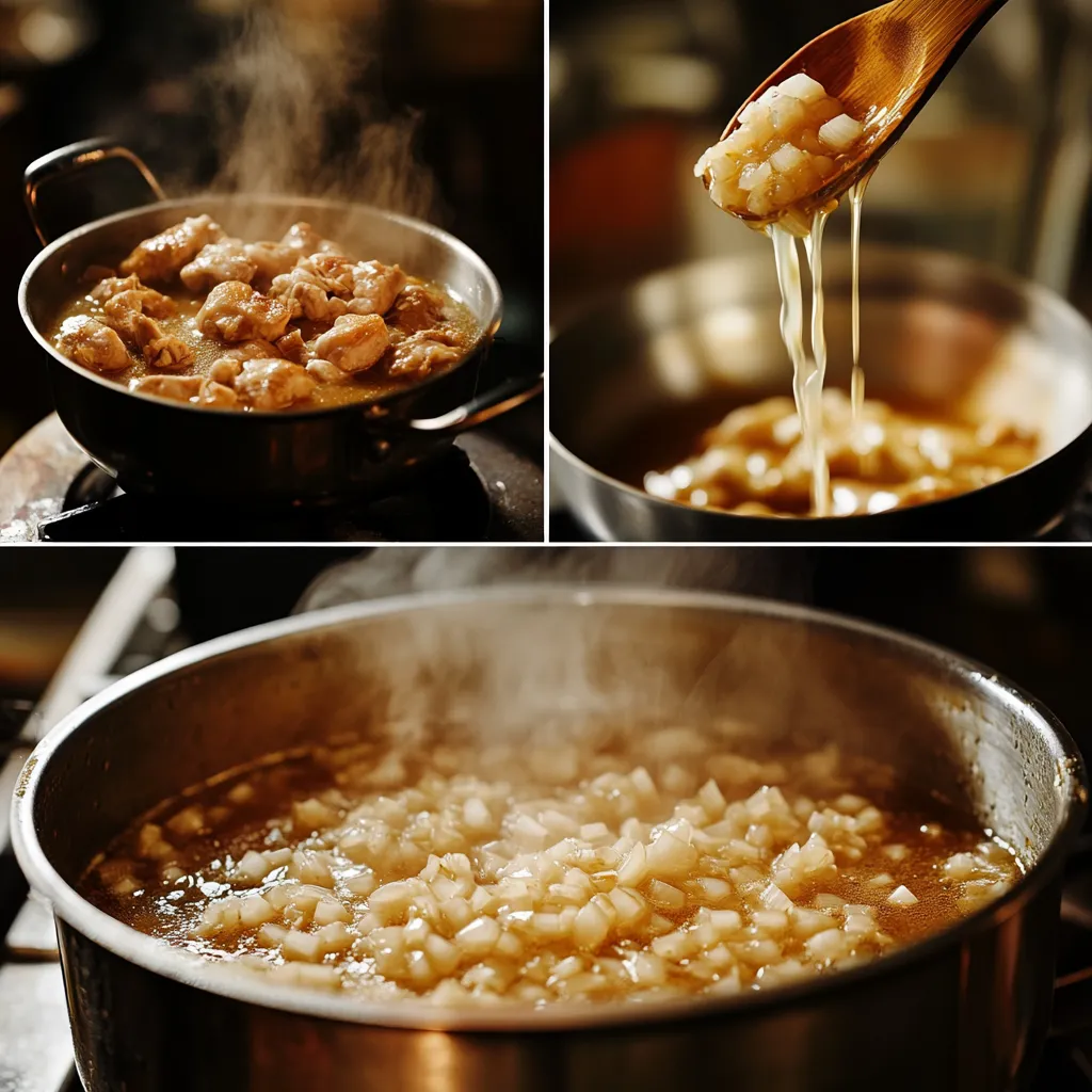 Step-by-step cooking process of a one-pot meal, from searing chicken to adding broth.