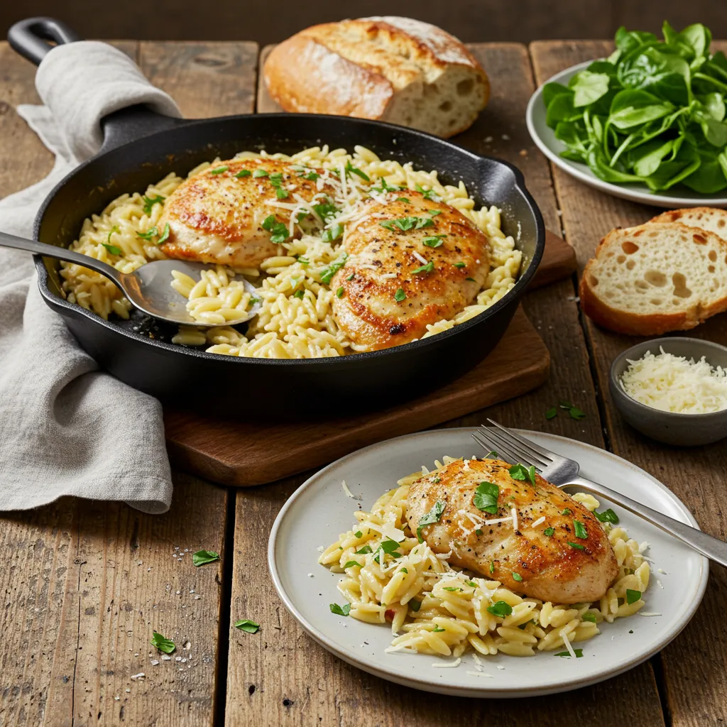 Plated Chicken Risoni One Pan Recipe served in a skillet with a portion on a dish, garnished with Parmesan and fresh herbs, ready to enjoy.