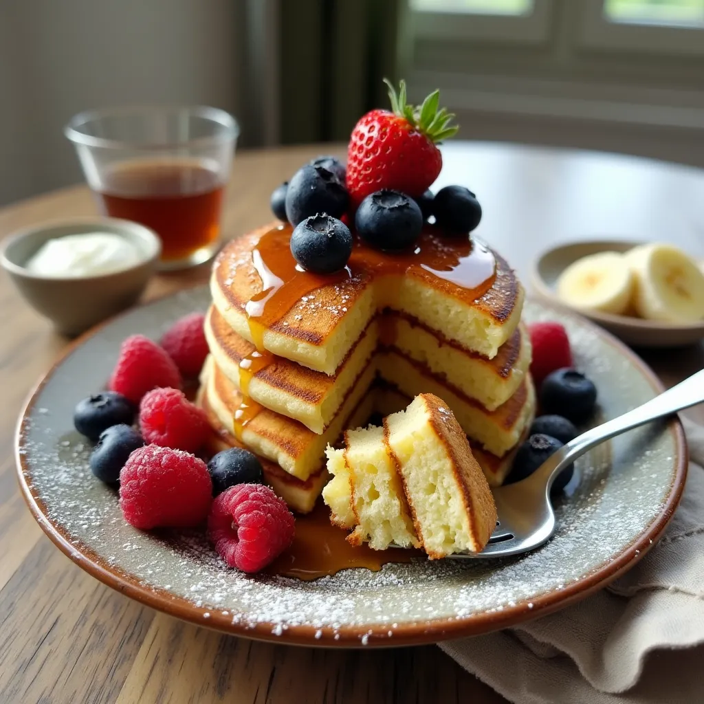 A stack of fluffy pancakes without eggs or dairy, topped with fresh berries and maple syrup, served on a rustic plate.