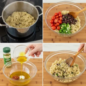 Step-by-step preparation of a quinoa salad bowl, showing cooking quinoa, chopping vegetables, mixing ingredients, and drizzling dressing.