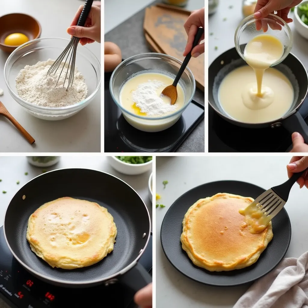 Step-by-step process of making fluffy pancakes without eggs or dairy, showing mixing, pouring, and cooking stages in a cozy kitchen.