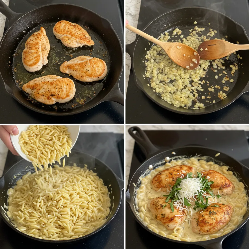 Step-by-step process of making Chicken Risoni One Pan Recipe, showing seared chicken, sautéed aromatics, toasted risoni, and simmering pasta.