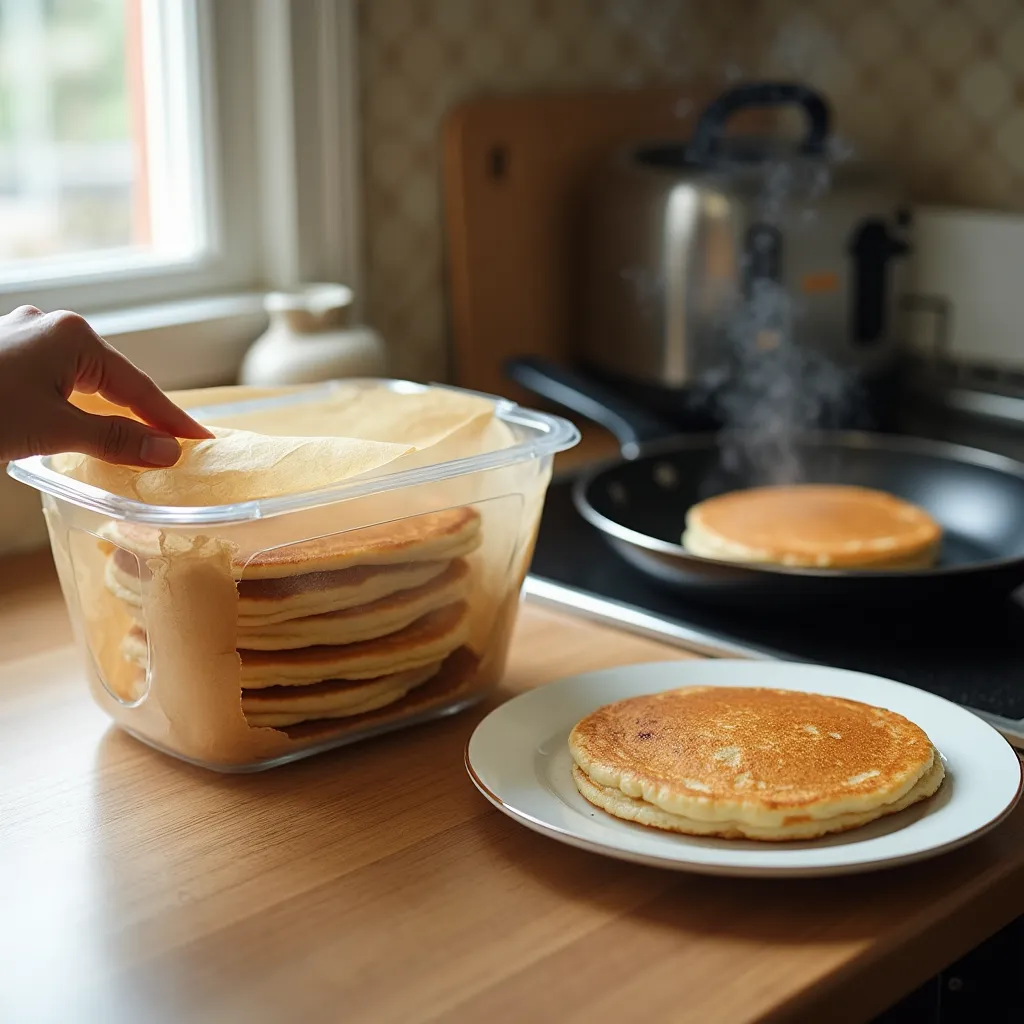Stored fluffy pancakes without eggs or dairy in an airtight container with parchment paper, ready for refrigeration or freezing.