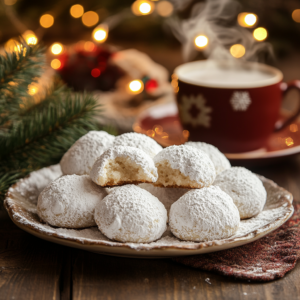A plate of Snowball Cookies dusted with powdered sugar, ready to serve.