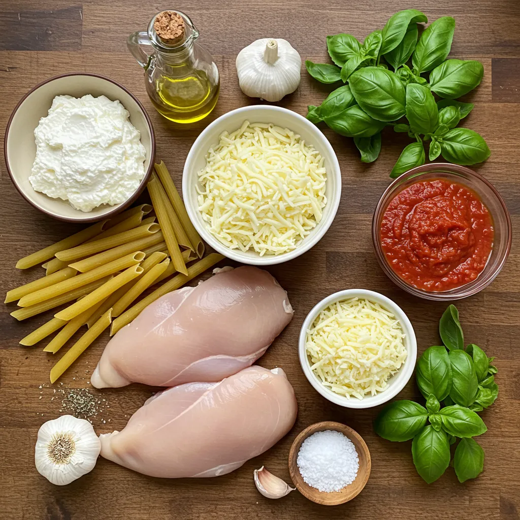 Fresh ingredients for baked ziti with chicken, including ziti pasta, shredded mozzarella, ricotta, marinara sauce, and raw chicken on a wooden countertop.