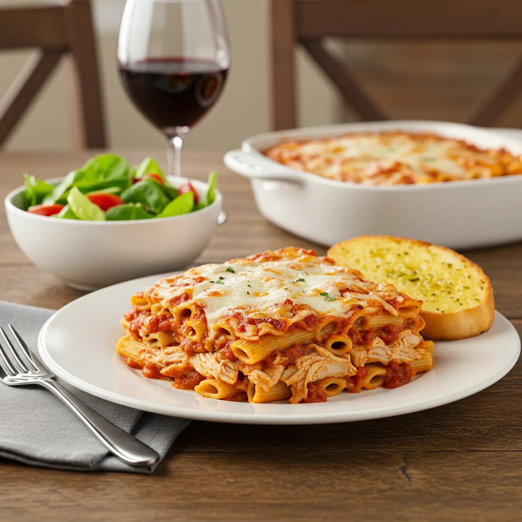 A plated serving of baked ziti with chicken, showcasing layers of pasta, marinara sauce, melted cheese, and shredded chicken, garnished with fresh basil.