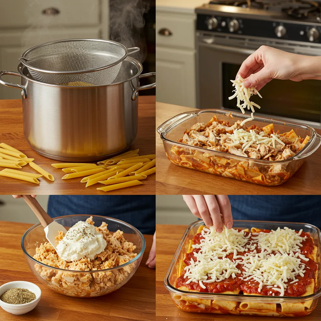 Step-by-step preparation of baked ziti with chicken, showing pasta being cooked, chicken mixed with ricotta, and sauce layered in a baking dish.