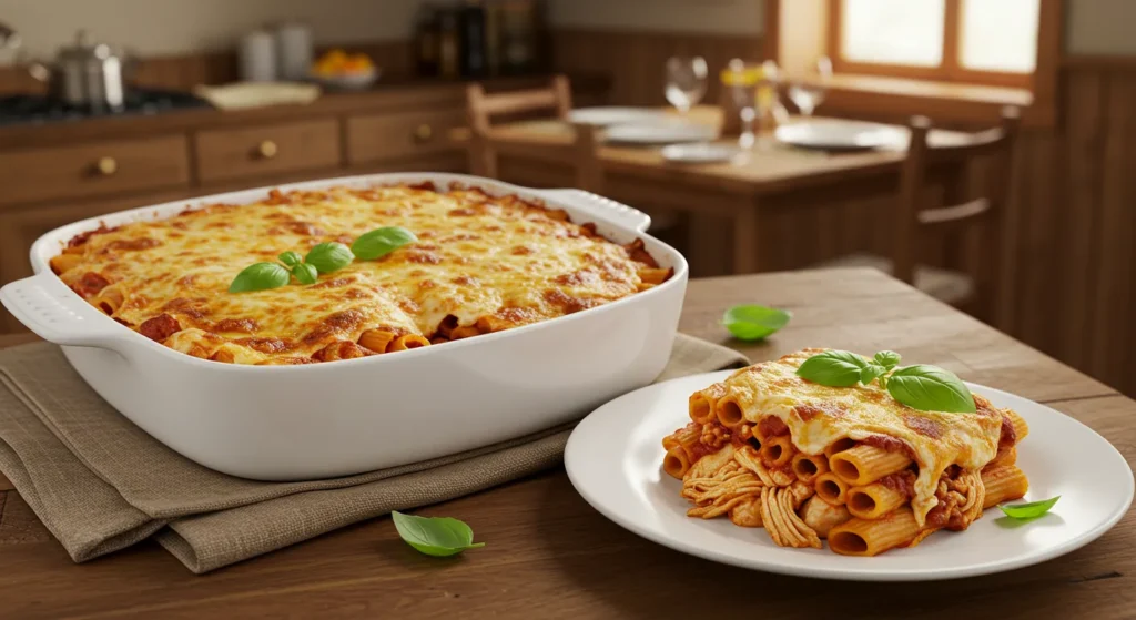 A freshly baked ziti with chicken in a white ceramic dish, topped with golden-brown melted cheese and garnished with fresh basil.