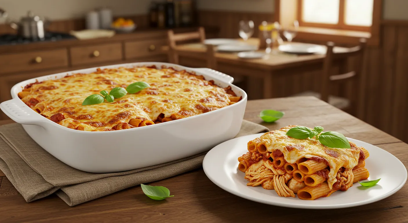 A freshly baked ziti with chicken in a white ceramic dish, topped with golden-brown melted cheese and garnished with fresh basil.