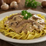 Plate of creamy Beef Stroganoff served over egg noodles, garnished with fresh parsley.