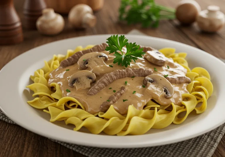 Plate of creamy Beef Stroganoff served over egg noodles, garnished with fresh parsley.