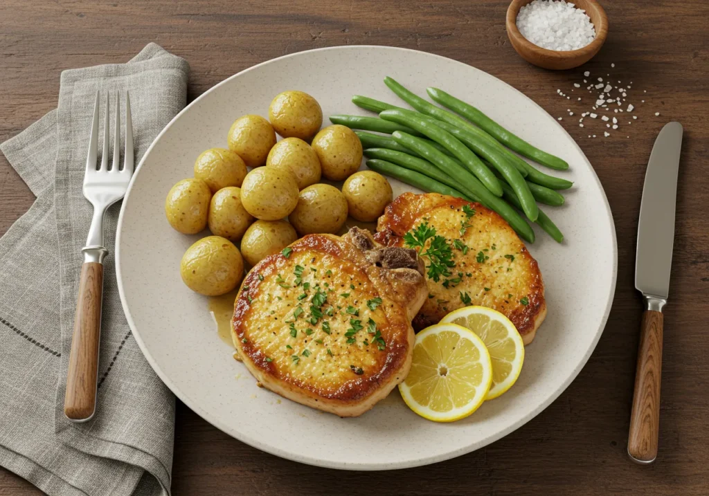 Juicy lemon garlic pork chops garnished with parsley and lemon slices on a dinner plate.