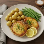 Juicy lemon garlic pork chops garnished with parsley and lemon slices on a dinner plate.