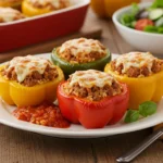 A plate of Costco stuffed bell peppers filled with seasoned meat, rice, and melted cheese, served with a side salad.