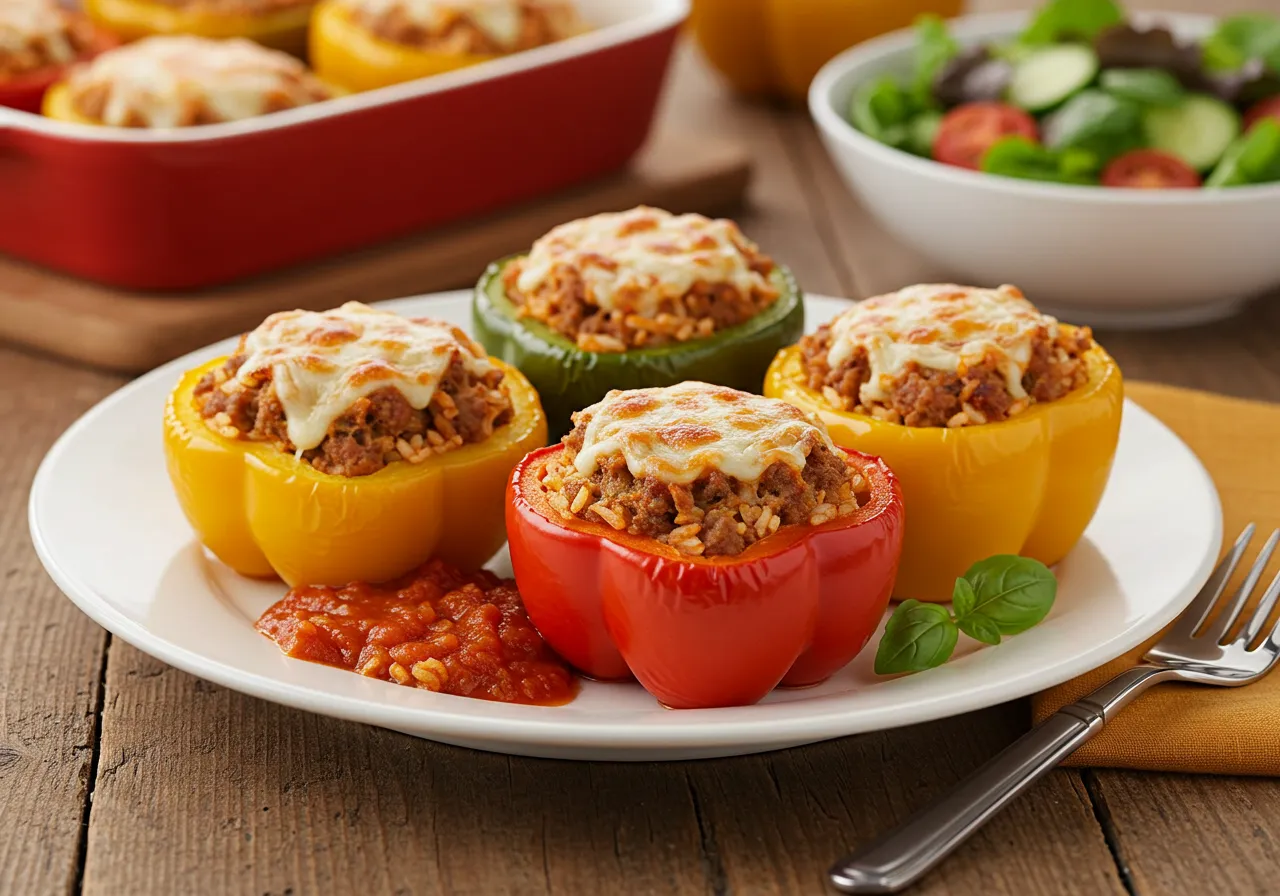 A plate of Costco stuffed bell peppers filled with seasoned meat, rice, and melted cheese, served with a side salad.