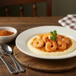 A plate of creamy shrimp and grits garnished with parsley in a rustic Southern kitchen.