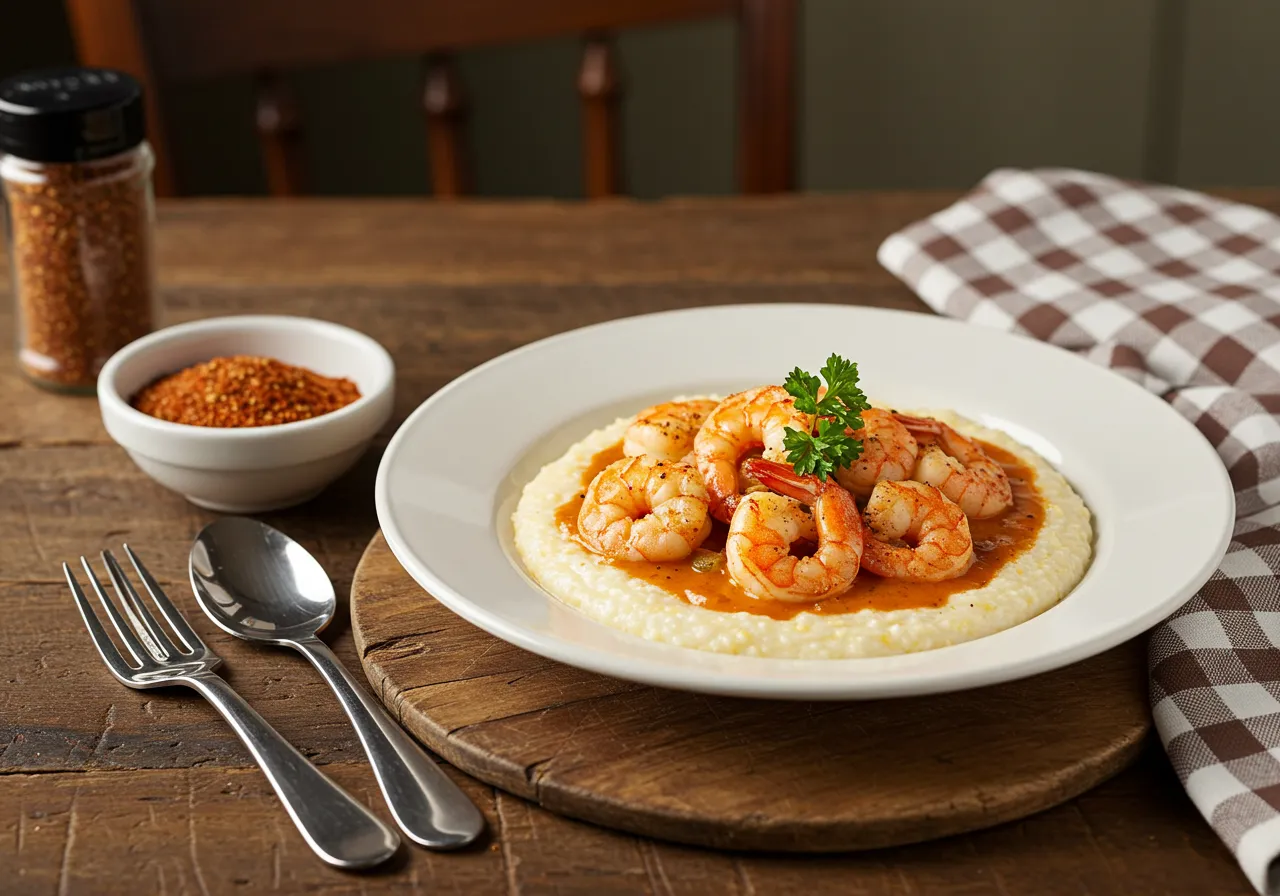 A plate of creamy shrimp and grits garnished with parsley in a rustic Southern kitchen.