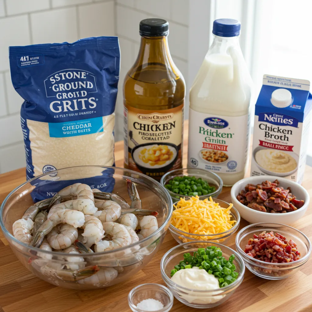 Fresh ingredients for shrimp and grits displayed on a wooden kitchen counter.
