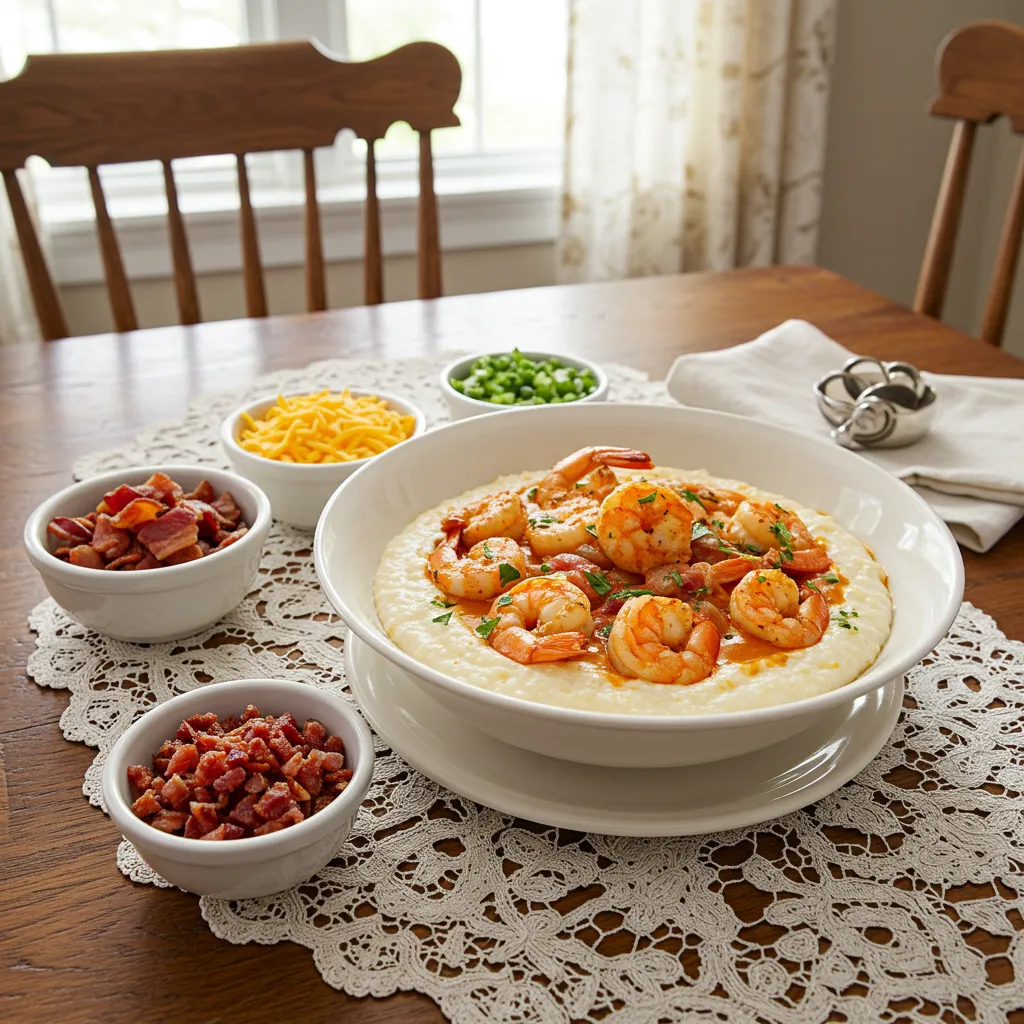Shrimp and grits served on a rustic wooden table with garnishes.