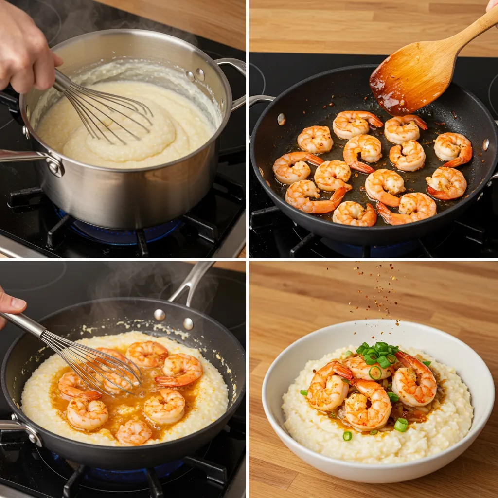 Step-by-step preparation of shrimp and grits in a rustic kitchen.