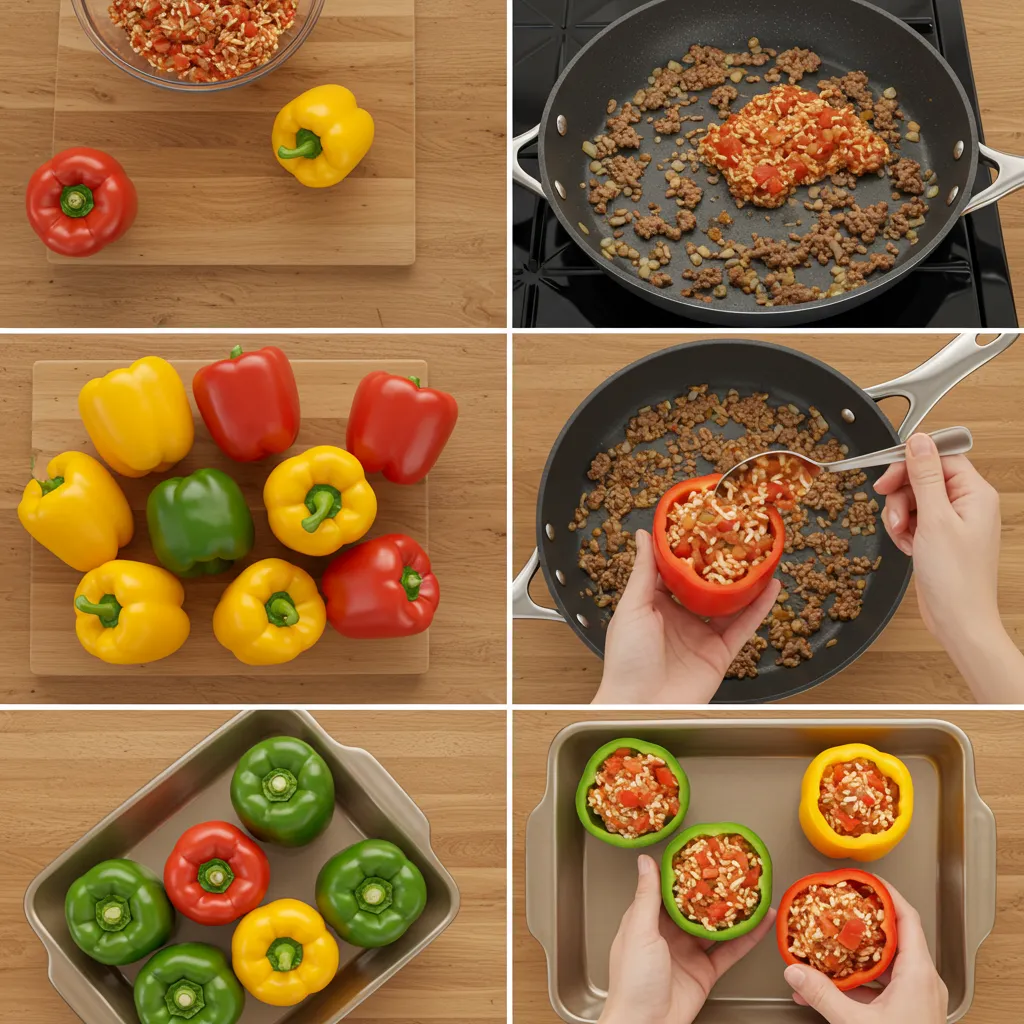 Step-by-step process of making Costco stuffed bell peppers, including prepping, cooking, and stuffing the peppers.
