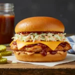 BBQ Chicken Sammies on brioche buns with coleslaw and BBQ sauce.