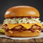 BBQ Chicken Sammies on brioche buns with coleslaw and BBQ sauce.