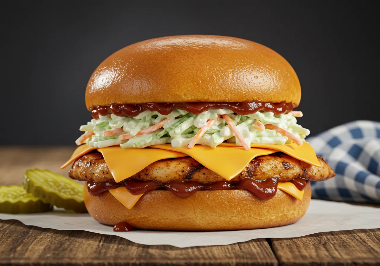 BBQ Chicken Sammies on brioche buns with coleslaw and BBQ sauce.