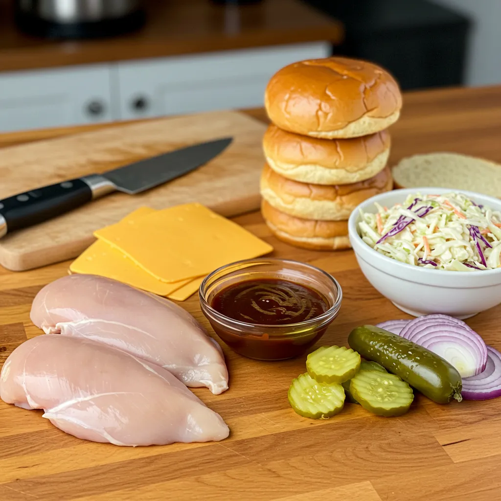 Ingredients for BBQ Chicken Sammies including chicken breasts, BBQ sauce, brioche buns, cheddar cheese, and coleslaw.