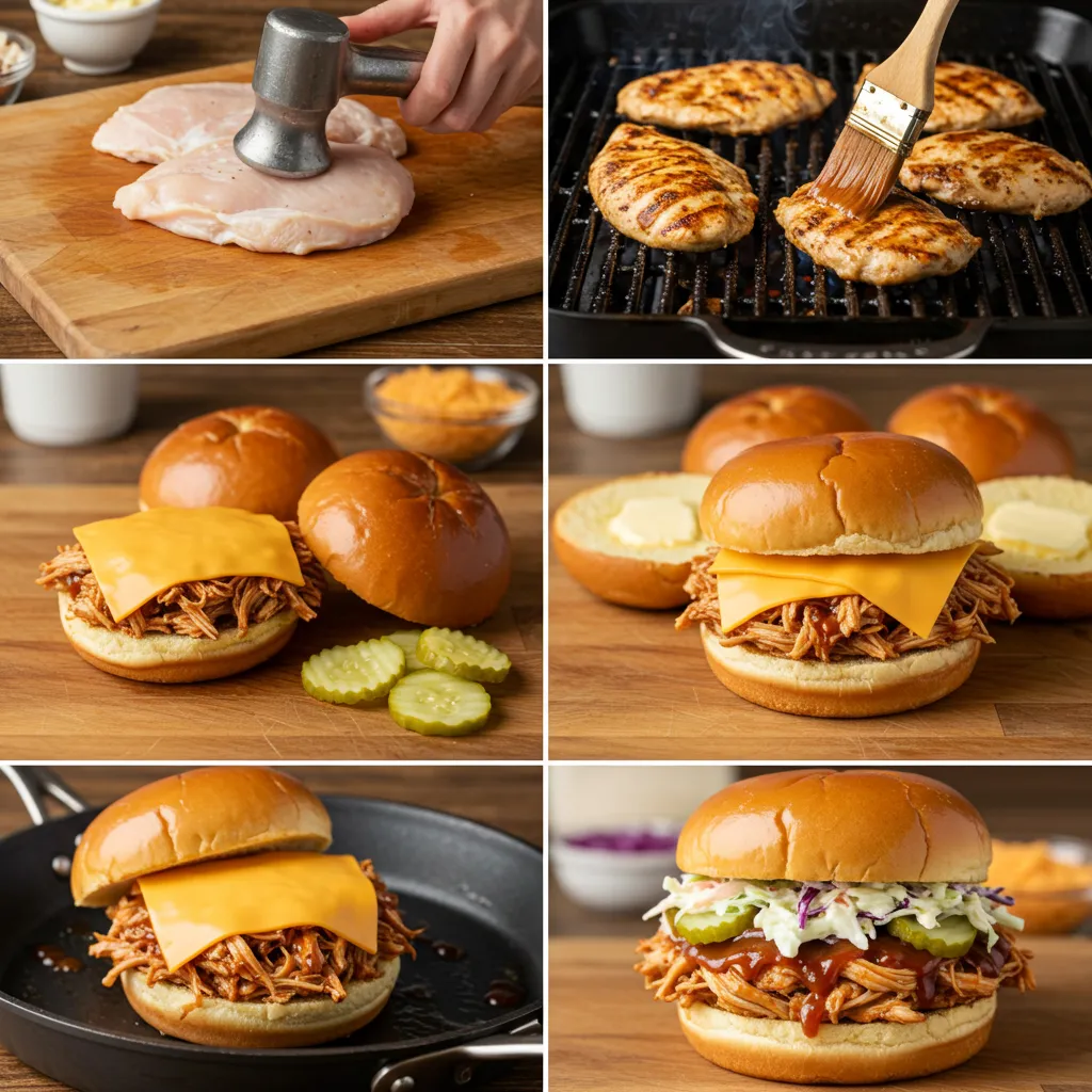 Step-by-step process of making BBQ Chicken Sammies, from grilling chicken to assembling the sandwich.