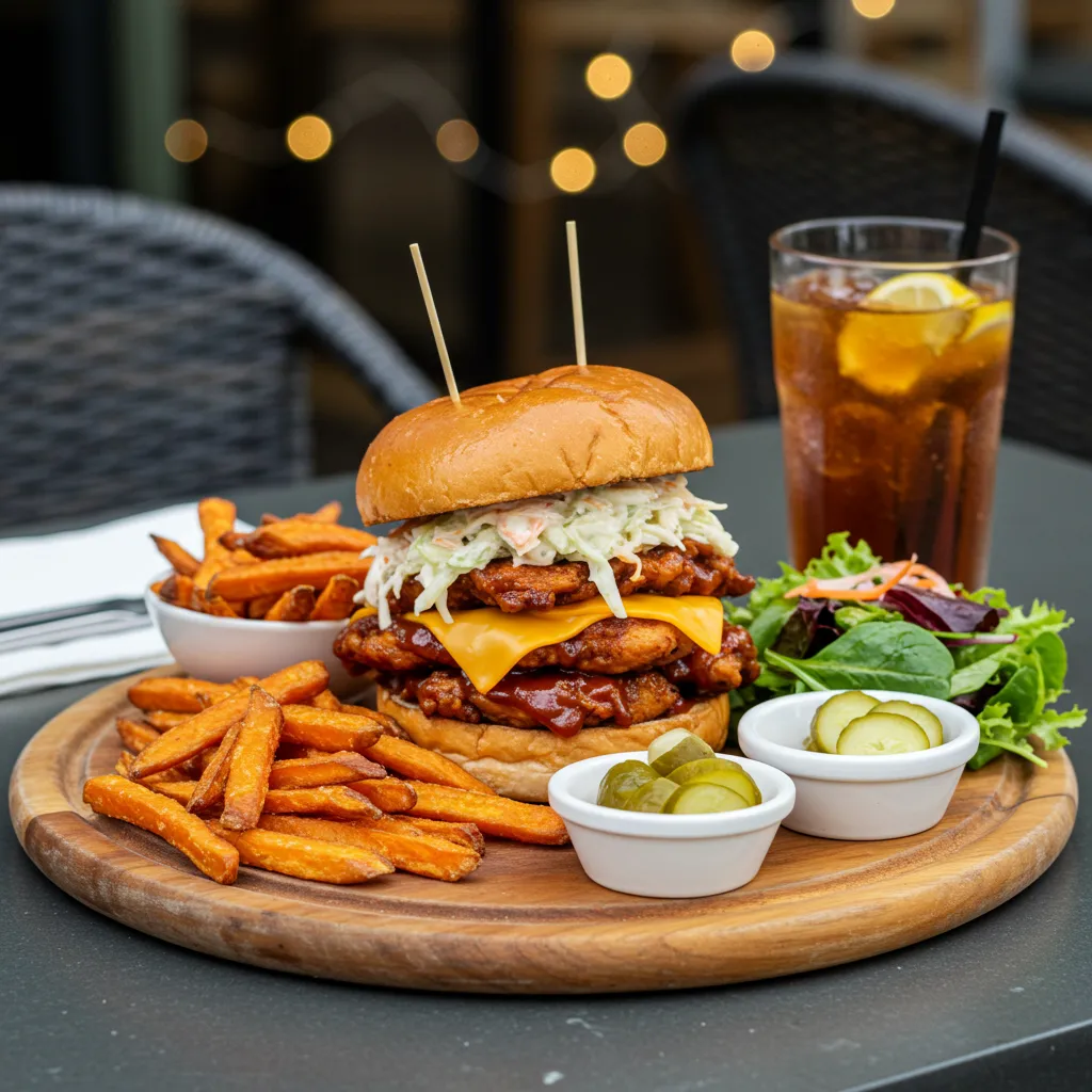 BBQ Chicken Sammies served with crispy sweet potato fries, pickles, and a refreshing salad.