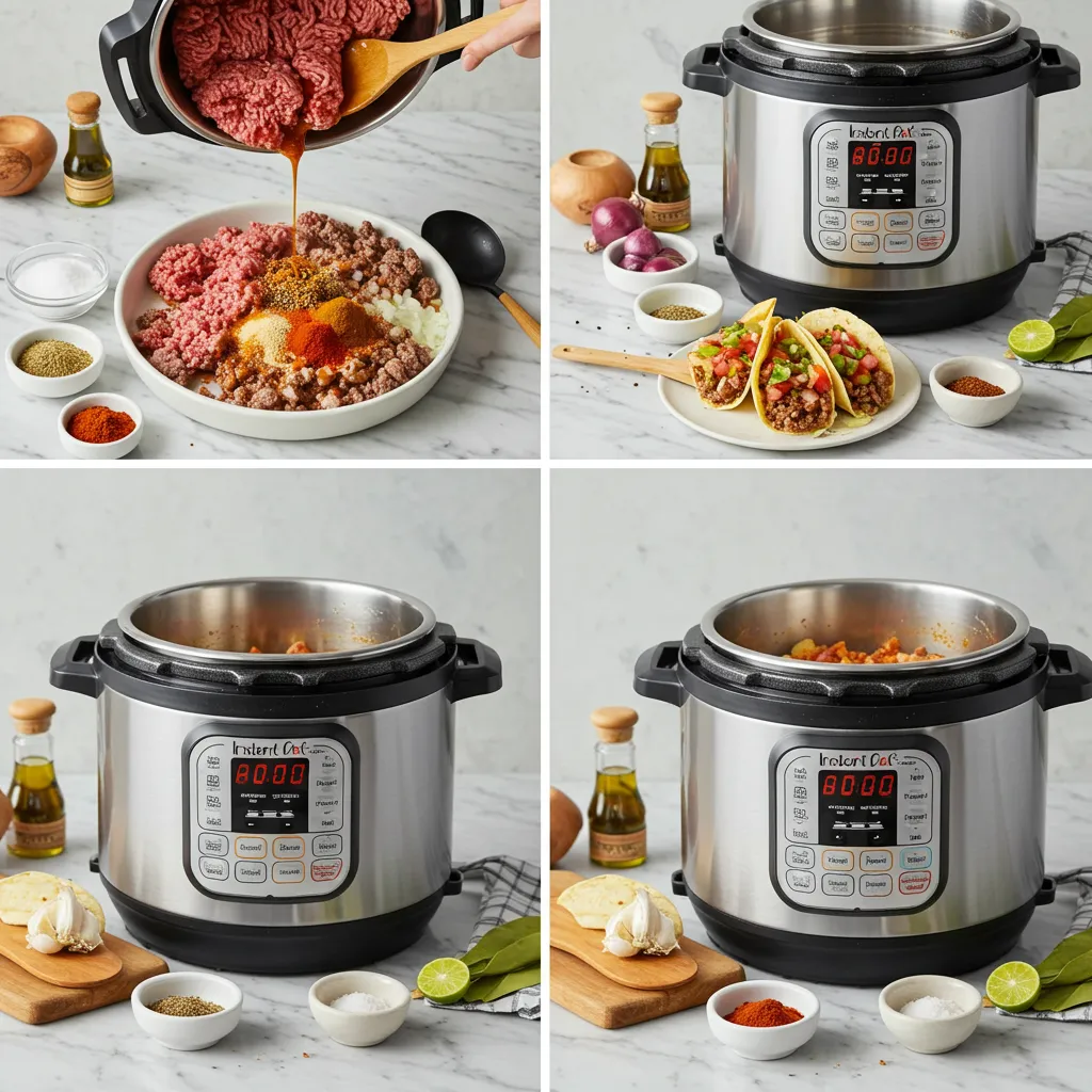 Step-by-step cooking process of tacos in an Instant Pot.