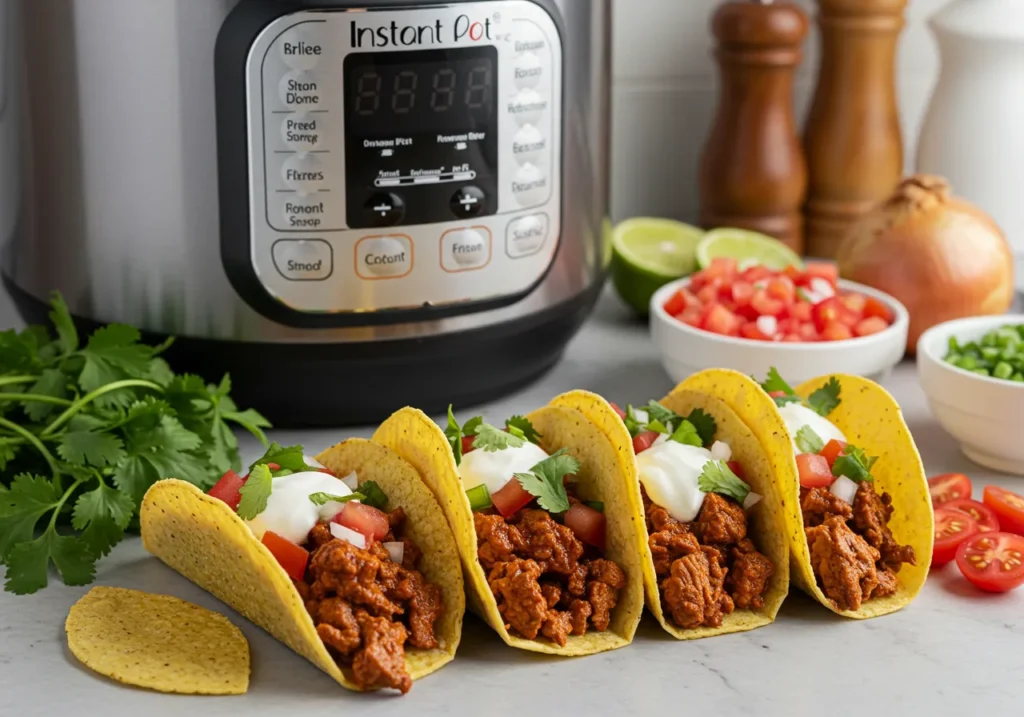 Instant Pot open on a kitchen counter, filled with fresh tacos topped with cilantro and tomatoes.