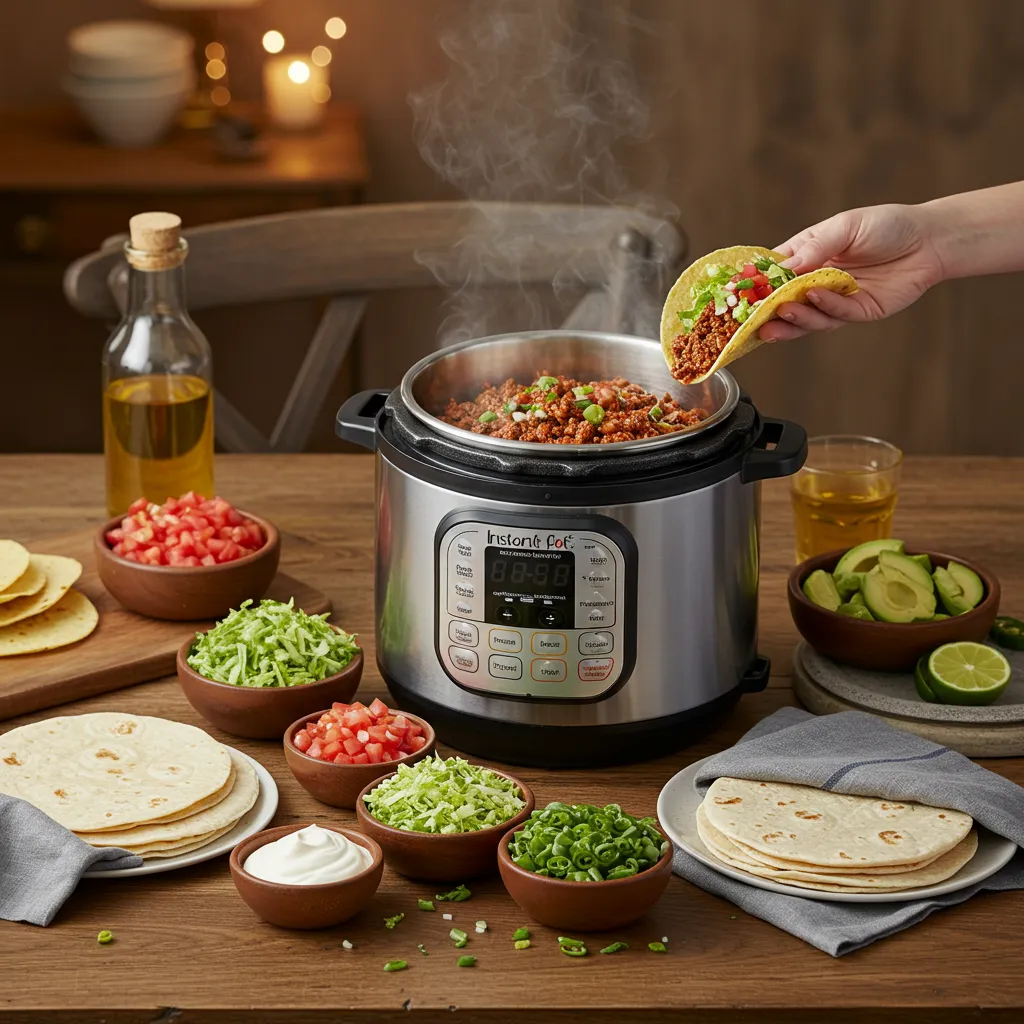 Serving Instant Pot tacos with various toppings on a rustic table.