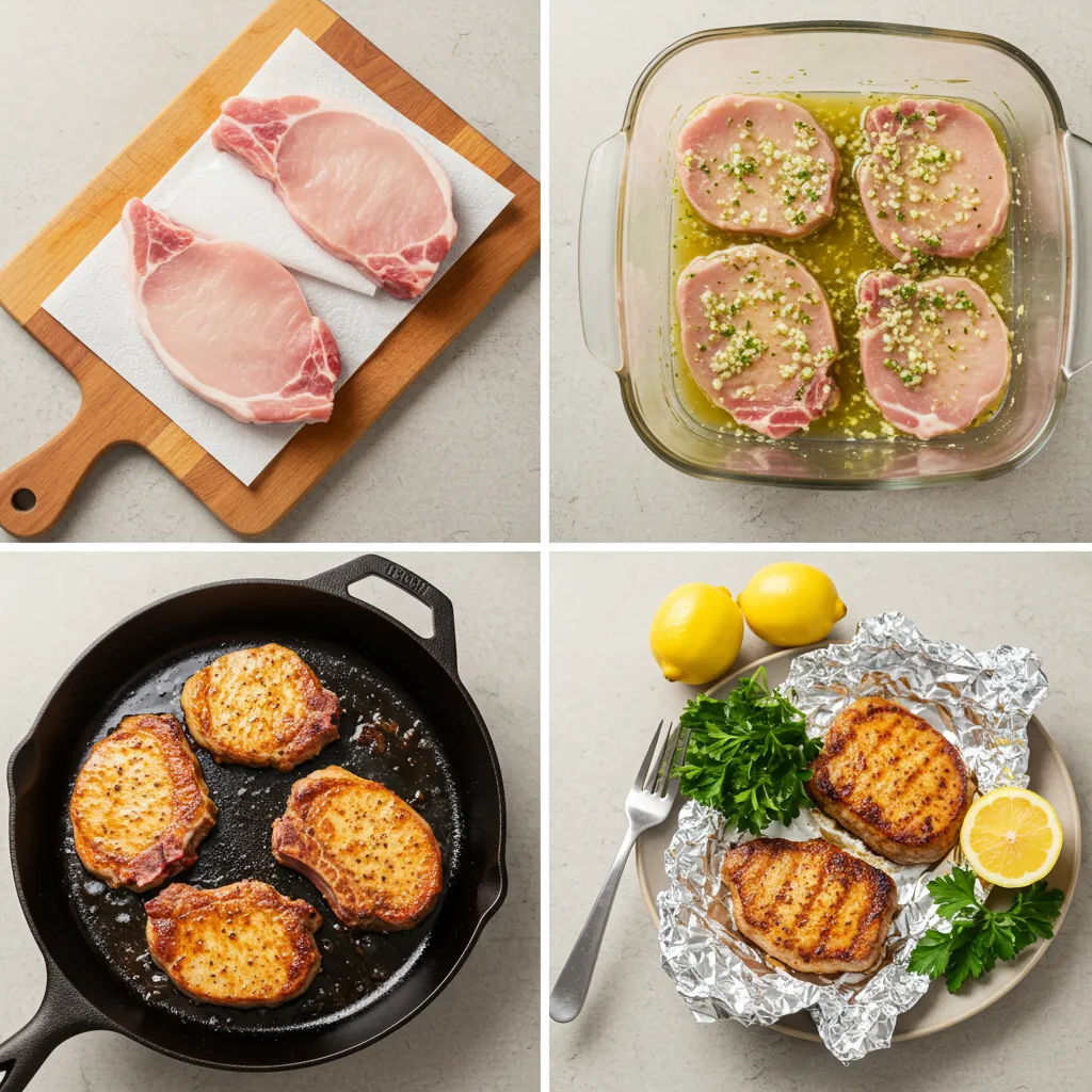 Step-by-step images showing how to cook lemon garlic pork chops.