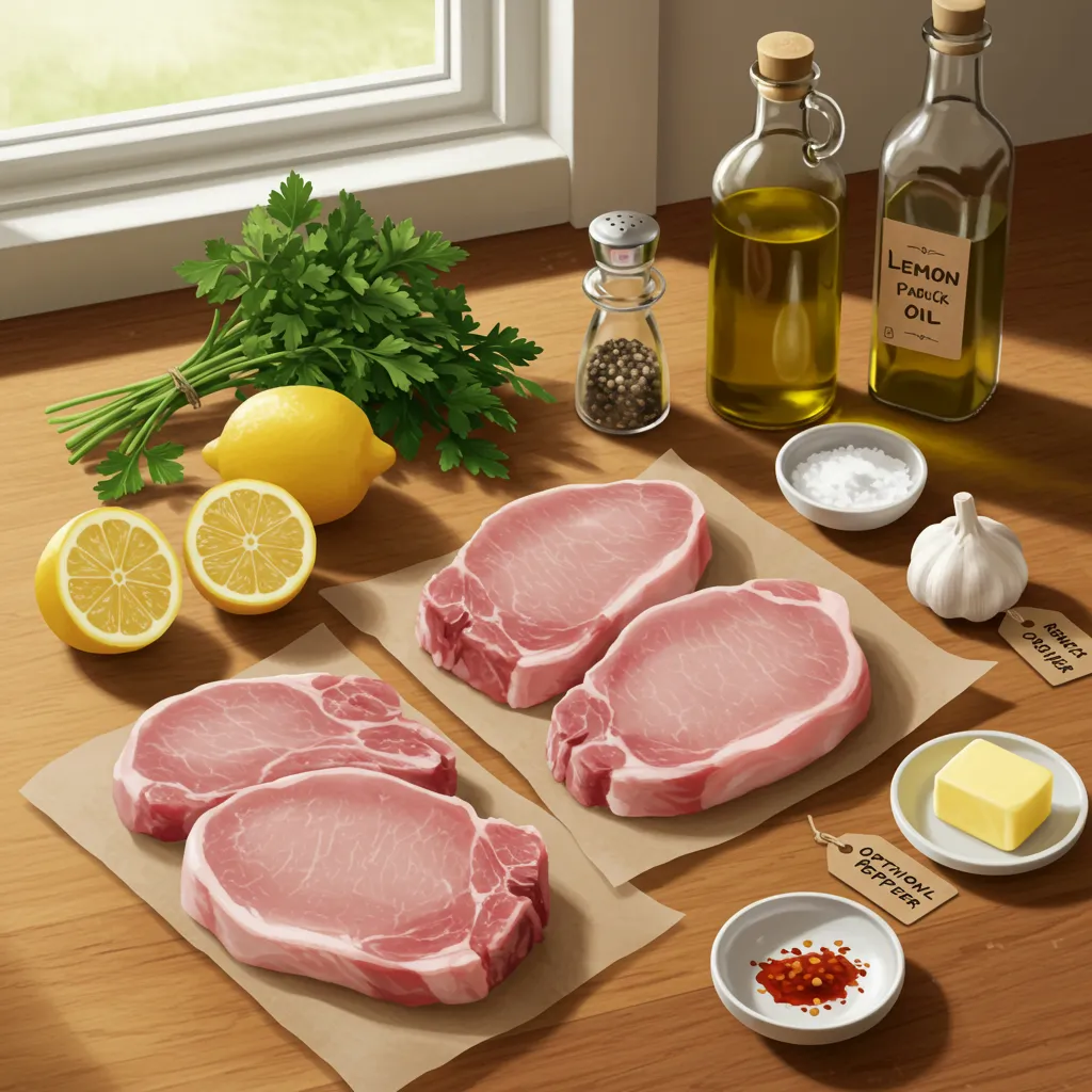 Fresh ingredients for lemon garlic pork chops laid out on a wooden surface.