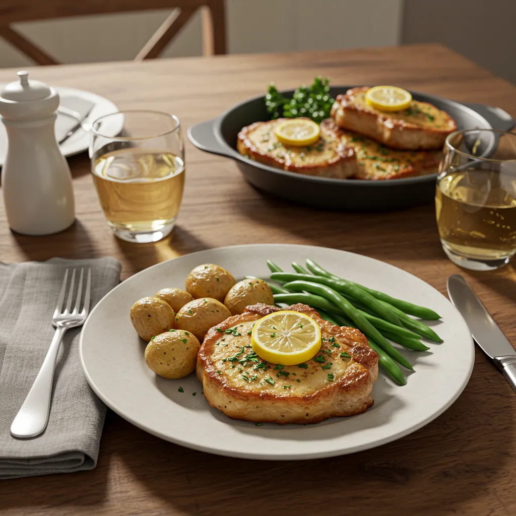 Lemon garlic pork chops served with potatoes and green beans.