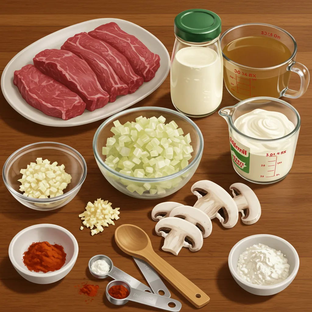  Fresh ingredients for Beef Stroganoff, including beef, onions, garlic, mushrooms, sour cream, beef broth, and flour.