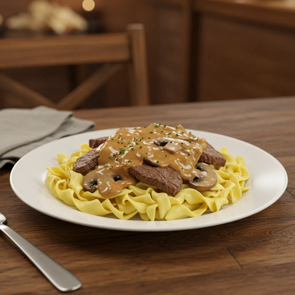 Beef Stroganoff served over egg noodles, garnished with fresh parsley and ready to enjoy.
