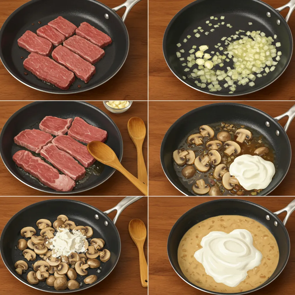 Step-by-step cooking process for Beef Stroganoff, showing searing beef, sautéing vegetables, and adding creamy sauce.