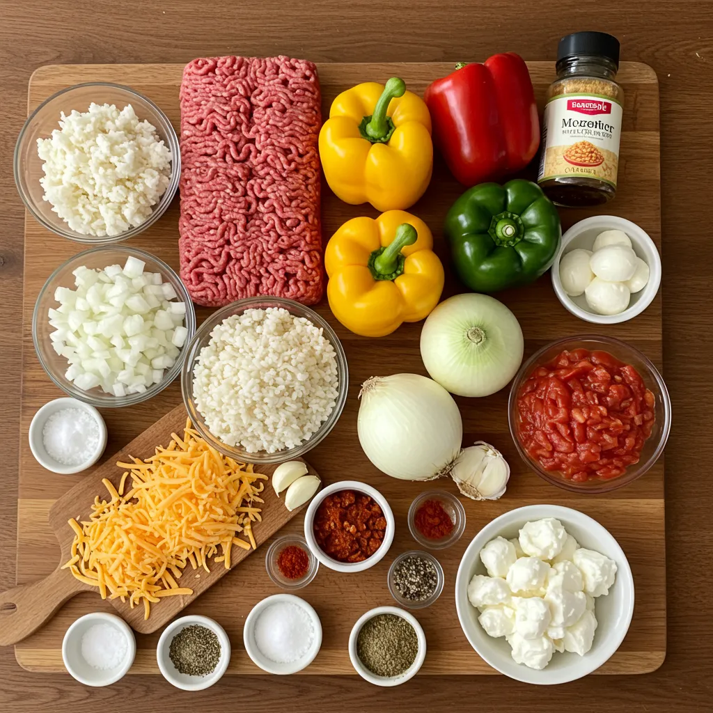 Fresh ingredients for Costco stuffed bell peppers, including bell peppers, ground beef, rice, cheese, onions, garlic, and seasonings.