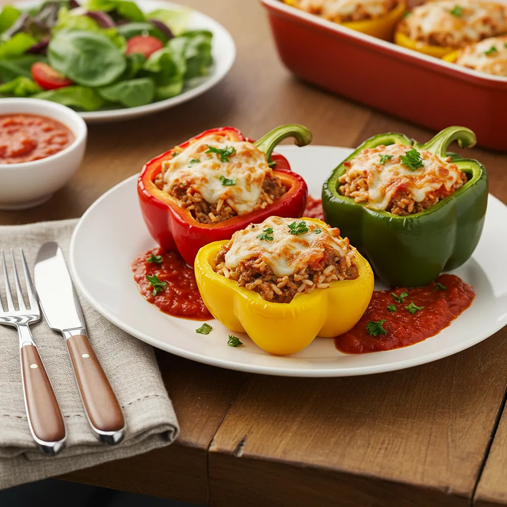 A plated serving of Costco stuffed bell peppers with melted cheese, garnished with parsley and served with a side salad.