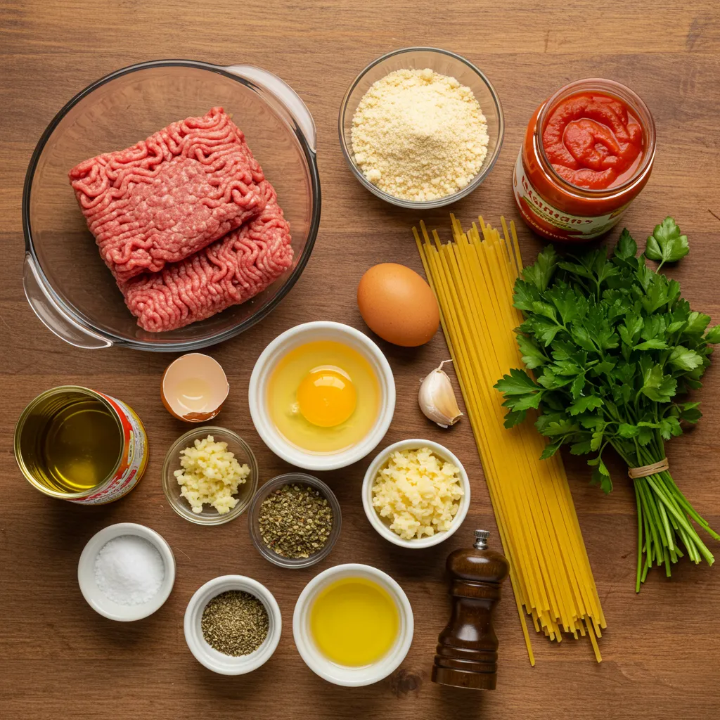 Fresh ingredients for a spaghetti and meatballs recipe, including ground beef, breadcrumbs, Parmesan, eggs, garlic, and seasonings on a wooden counter.